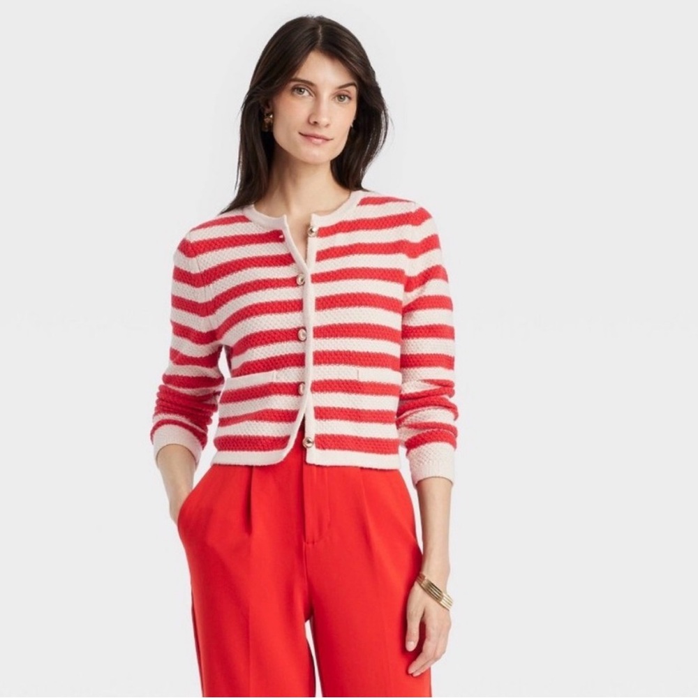 a new day Red Striped Lady Cardigan